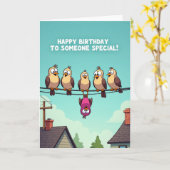 遊び心のある電線上の鳥の誕生日カード カード (黄色い花)