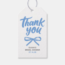 遊び心のある青いリボンの手書きウェディングサンクス ギフトタグ