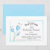 遊び心のある青い花のサプライズパーティ 30歳の誕生日 招待状 (正面/裏面)