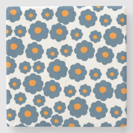 遊び心のある青とオレンジの花柄レトロ、元気 ストーンコースター