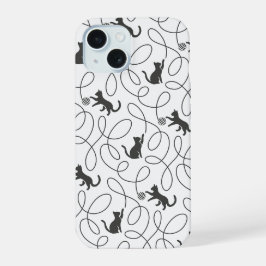 遊び心のある黒猫と毛糸玉のパターン iPhone 15ケース