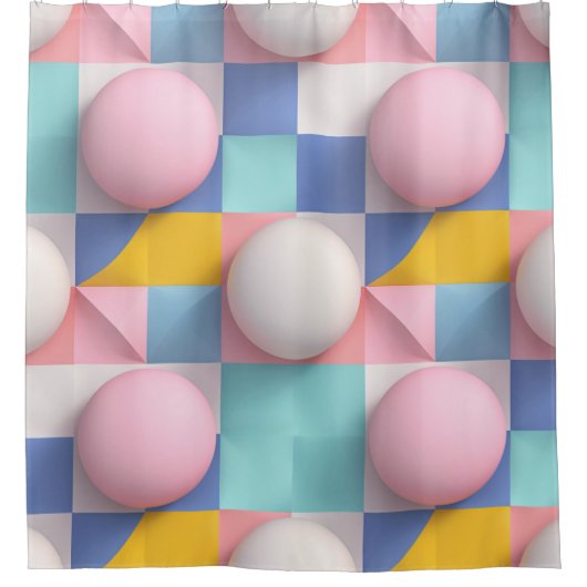 遊び心のある3Dパステルスフィアと幾何学模様 シャワーカーテン (正面)