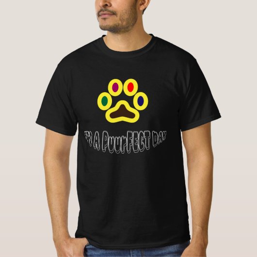 遊び心のある「プーフェクトデー」カラフルな猫の足跡 Tシャツ (正面)