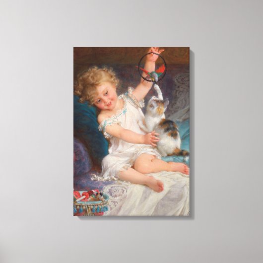 遊び時間：女遊の子とペットの子猫 キャンバスプリント (正面)