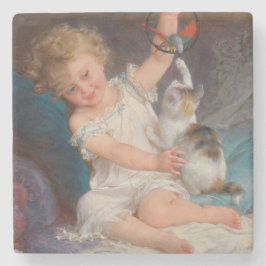 遊び時間：女遊の子とペットの子猫 ストーンコースター