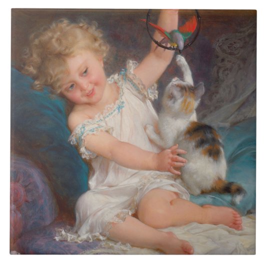 遊び時間：女遊の子とペットの子猫 タイル (正面)