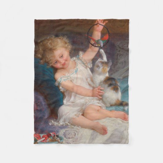 遊び時間:女遊の子とペットの子猫 フリースブランケット (正面)