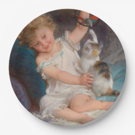 遊び時間：女遊の子とペットの子猫 ペーパープレート