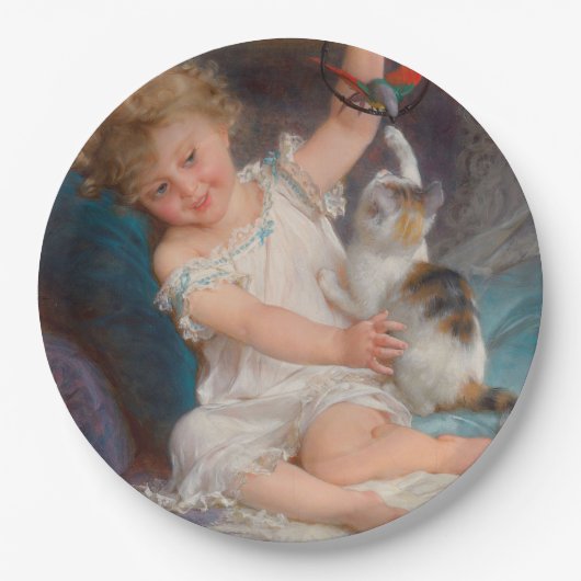 遊び時間：女遊の子とペットの子猫 ペーパープレート (正面)