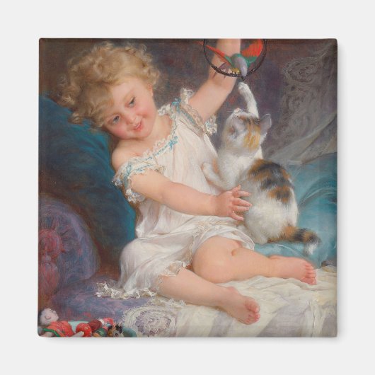 遊び時間：女遊の子とペットの子猫 マグネット (正面)