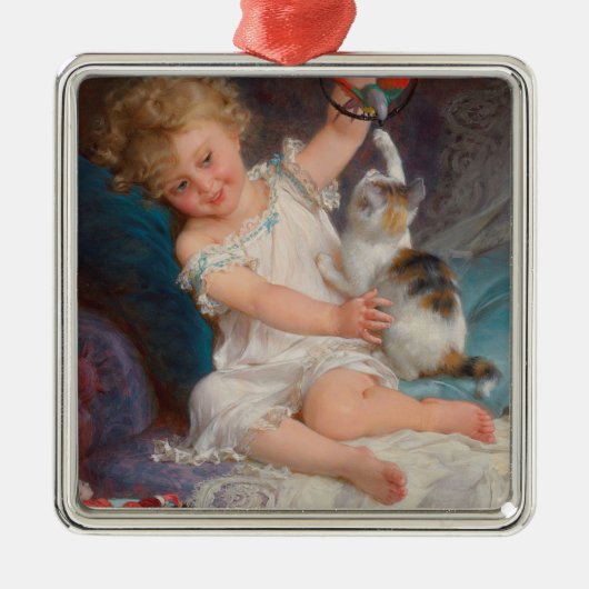 遊び時間：女遊の子とペットの子猫 メタルオーナメント (正面)