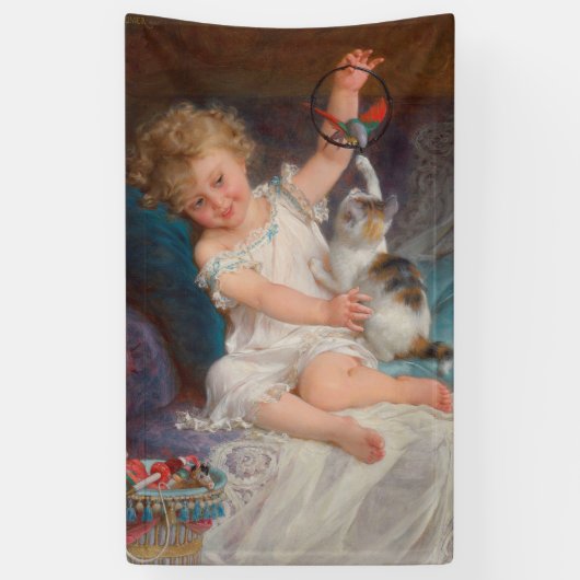 遊び時間：女遊の子とペットの子猫 横断幕 (縦)