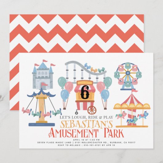 遊園地の子供の誕生日 招待状 (正面/裏面)