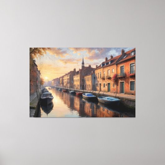 運河に浮かぶ船の後ろに建物が付いている キャンバスプリント (正面)