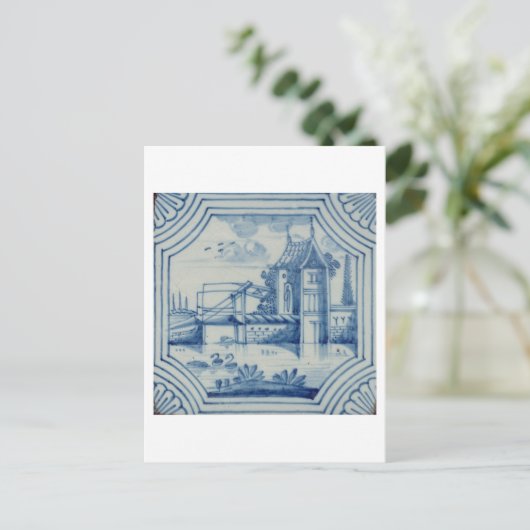 運河の上に跳ね橋を示すデルフトタイル19日 ポストカード (スタンド正面)