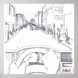 運転の視点のグレースケールイラスト ポスター
