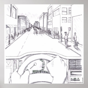 運転の視点のグレースケールイラスト ポスター