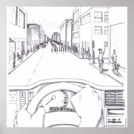 運転の視点のグレースケールイラスト ポスター (正面)