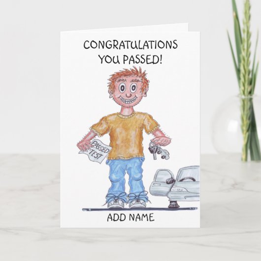 運転試験に合格したばかりの幸せな男性の風刺画 カード (正面)