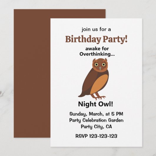 過剰思考の夜ふかしフクロウ 楽しい誕生日パーティー 招待状 (正面/裏面)