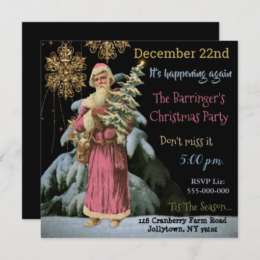 過去のクリスマスのピンクのサンタ 招待状 (正面/裏面)