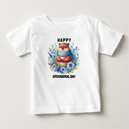過大評価？グラウンドホッグデーお祝い水彩画 ベビーTシャツ (正面)