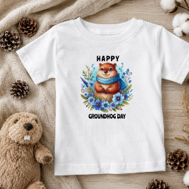 過大評価？グラウンドホッグデーお祝い水彩画 ベビーTシャツ