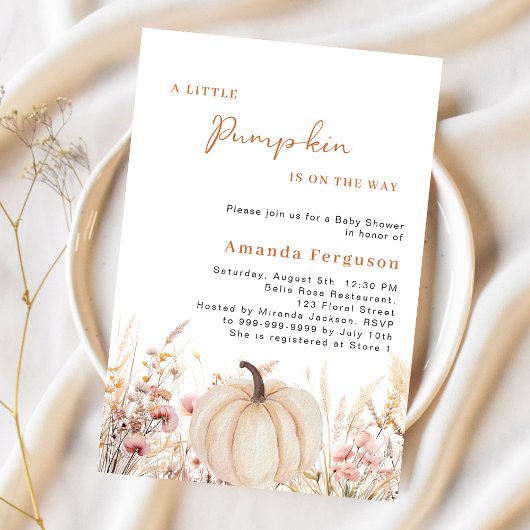 道にカボチャのワイルドフラワーベージュベイビーシャワー 招待状