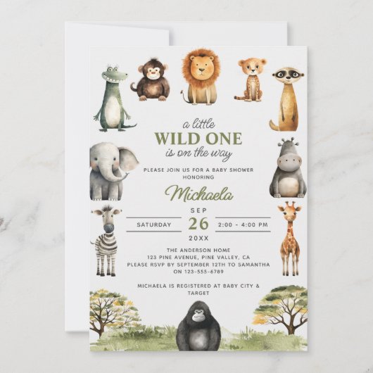 道のワイルドワンかわいい赤ん坊の動物の赤ちゃんシャワー 招待状 (正面)
