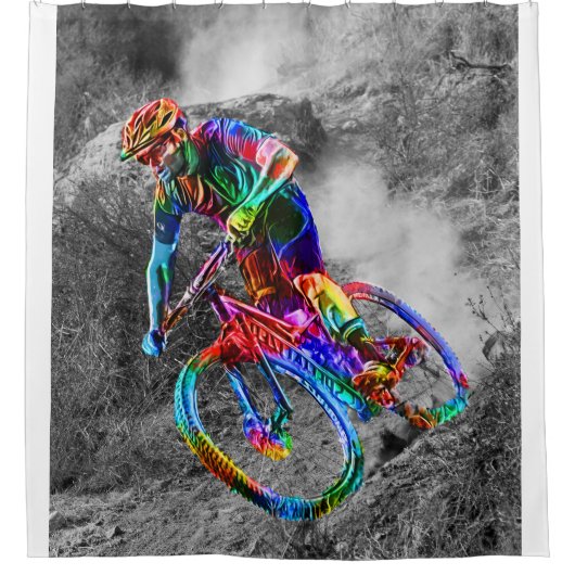 道の下で競争しているテクニカラー山のバイクもしくは自転車に乗る人 シャワーカーテン (正面)