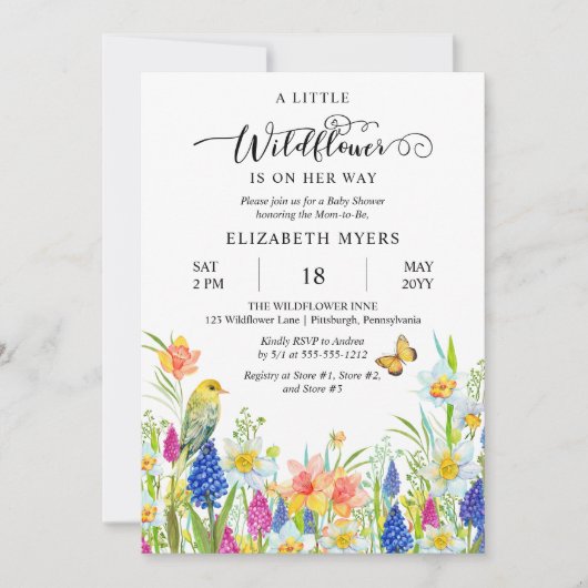道の女の子の赤ちゃんシャワーの小さな野花 招待状 (正面)