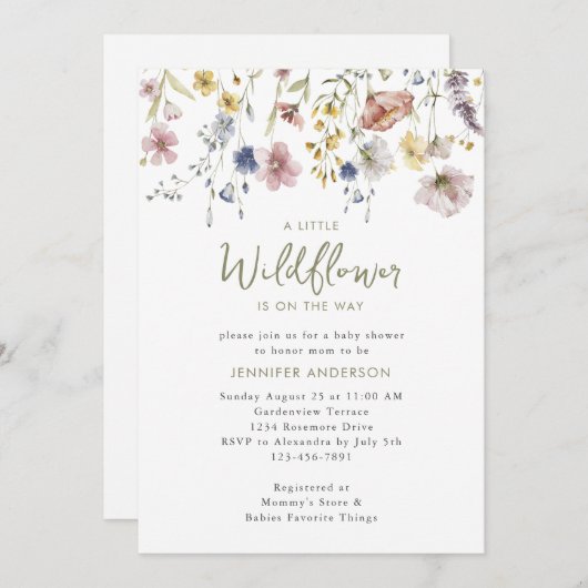 道の小さな野生の花のフローラ赤ちゃんシャワー 招待状 (正面/裏面)