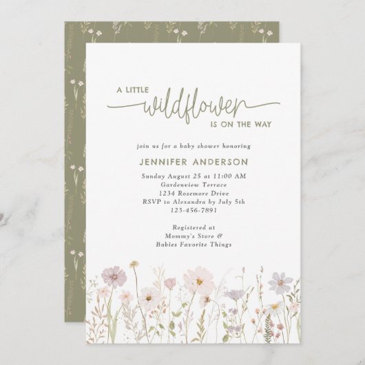道の小さな野生の花のフローラ赤ちゃんシャワー 招待状 (正面/裏面)