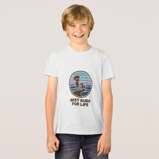 道を歩くかわいい子供と子犬 トライブレンドＴシャツ (正面全面)