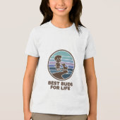 道を歩くかわいい子供と子犬 トライブレンドＴシャツ (正面)
