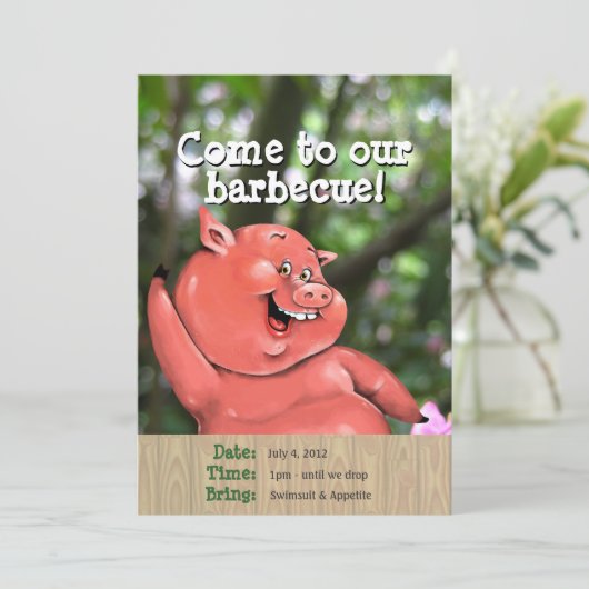 道化のブタのローストの夏のバーベキューのカスタムのテンプレート 招待状 (スタンド正面)