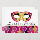 道化師の仮面舞踏会のSweet sixteenのパーティー(暗い赤紫色) 招待状 (正面/裏面)