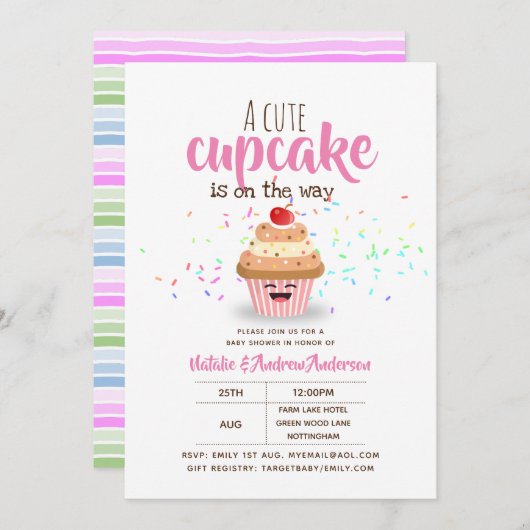 道端にかわいいカップケーキが女の子を振りかける 招待状 (正面/裏面)