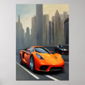道路にオレンジ色のスポーツカー | AIアートポスター ポスター (正面)