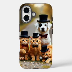 道路に佇む3匹のオレンジ色の猫と犬のスタジオ iPhone 16ケース
