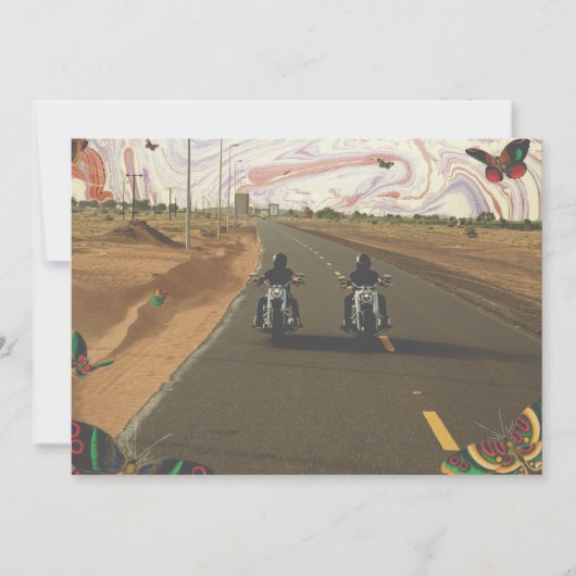 道路のバイクと大理石ペイントの空のコラージュ シーズンカード (正面)