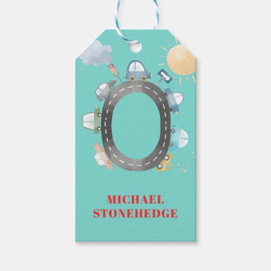 道路の少年の誕生日に車や車 ギフトタグ (正面)