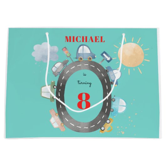 道路の少年の誕生日に車や車 ラージペーパーバッグ (正面)