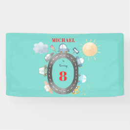 道路の少年の誕生日に車や車 横断幕