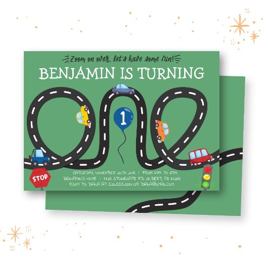 道路の車1st誕生日招待状 招待状