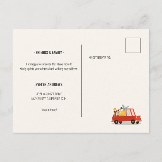 道路を移動する赤い車を移動した 案内ポストカード (裏面)