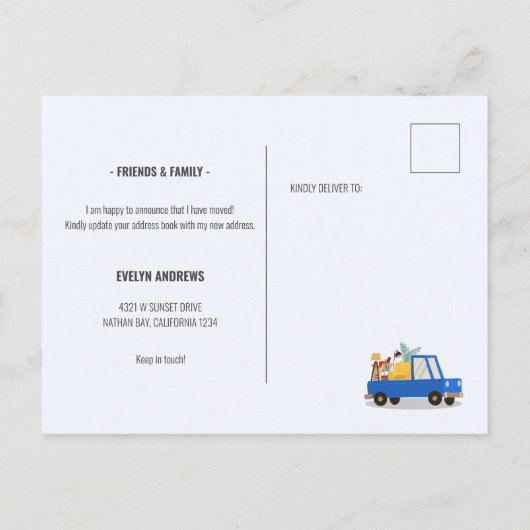 道路を移動する青い車を移動した 案内ポストカード (裏面)