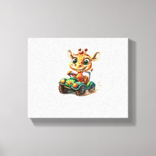 道路を走る車を運転するかわいいキリンと一緒に幸せな気分, キャンバスプリント