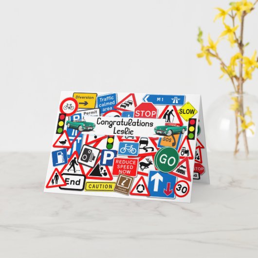 道路シンボルや象徴カラフルが運転試験に合格したおめでとう カード (黄色い花)