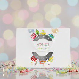 道路上で幸せな車の少年の誕生日 ラージペーパーバッグ